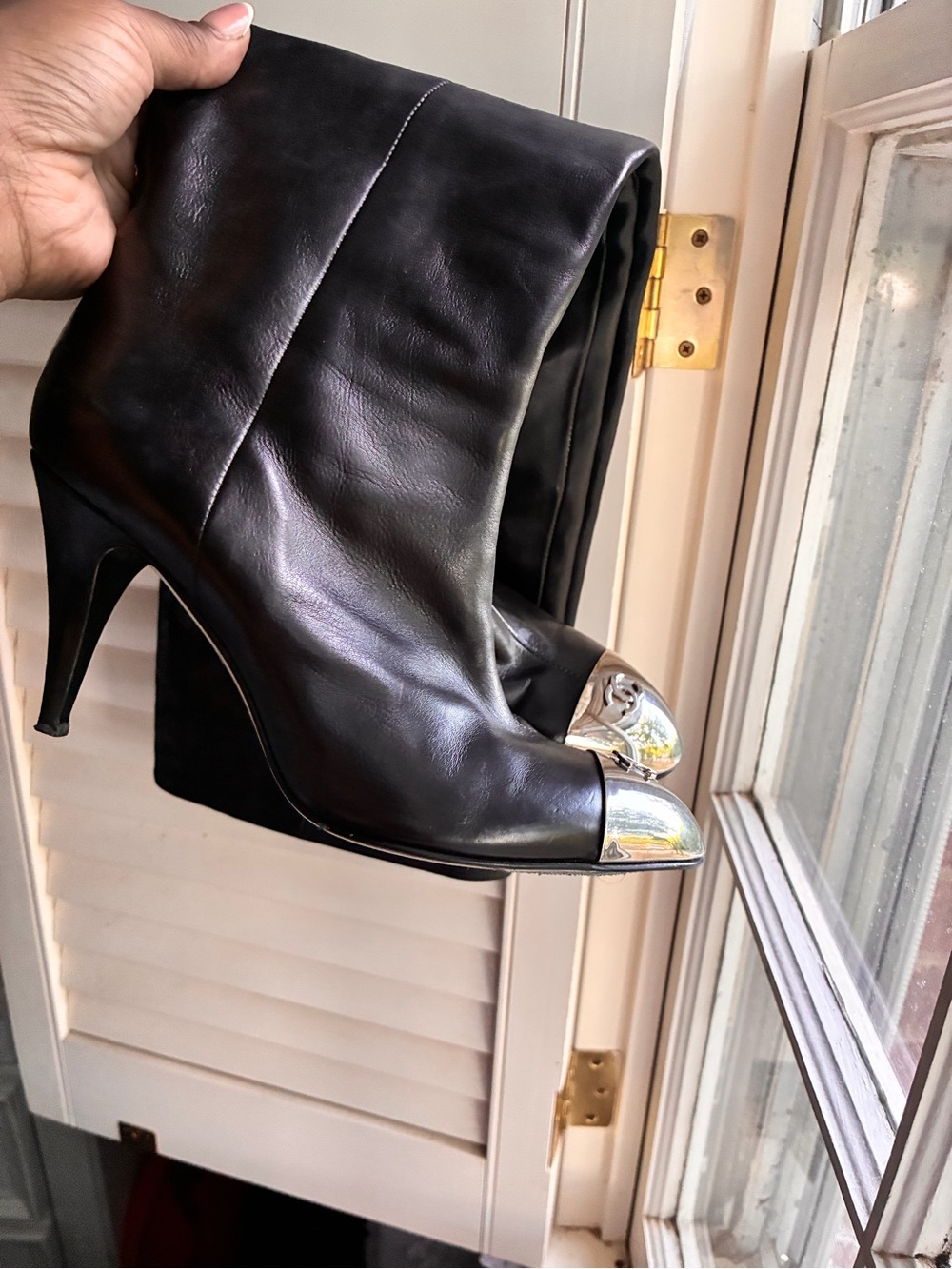 AUTHENTIC Black Leather CHANEL Knee-High Boots with Silver Cap Toe - Picture 12 of 12